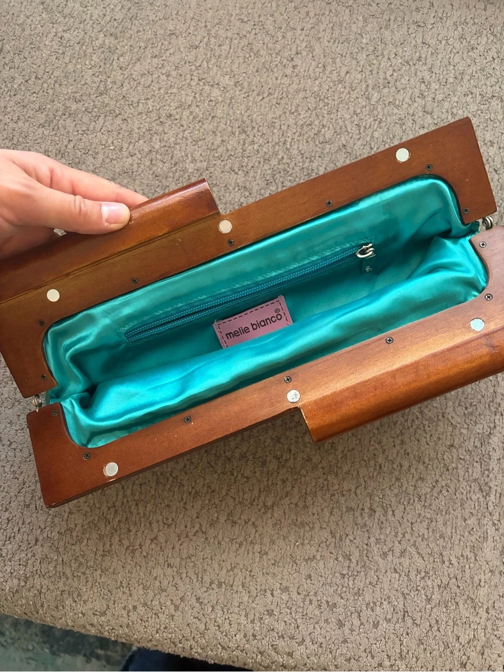 Melie Bianco Teal Leather Frame Clutch vintage